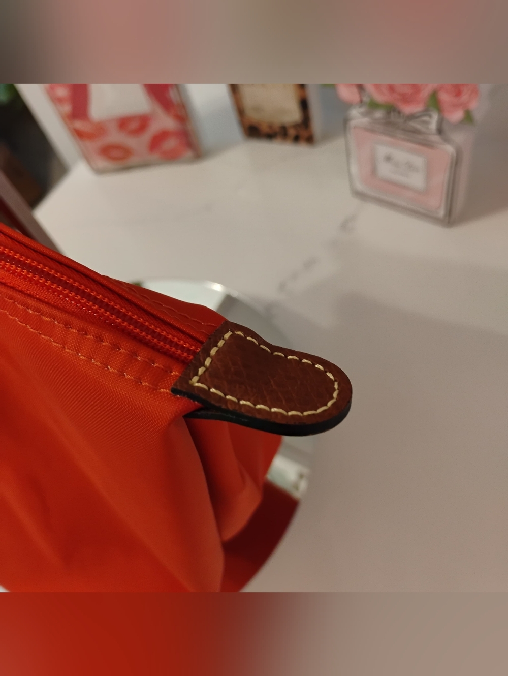 Longchamp Classic Nylon Tote - Orange with Cognac Leather Trim & GHW - Picture 9 of 15